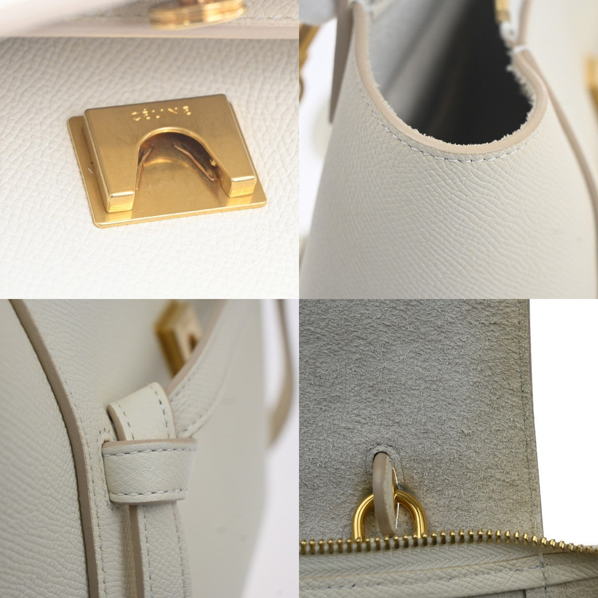CELINE Logo Belt 2way Shoulder Hand Bag Leather White GHW Italy 29RL885