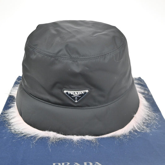 PRADA Plate Logo Bucket Hat Cap #M 58 Re-Nylon Fur Leather Black Pink 80RL689