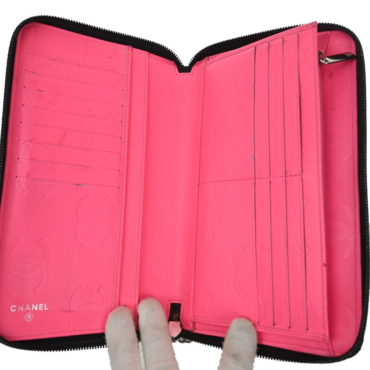 CHANEL CC Cambon Zip Around Long Bifold Wallet Purse Leather Black Pink 31TA372