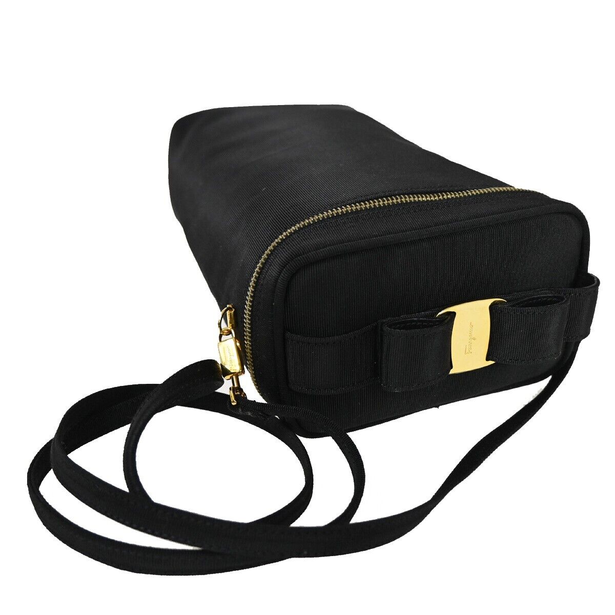 SALVATORE FERRAGAMO Vara Vanity Shoulder Bag Canvas Leather Black Gold 64SH581