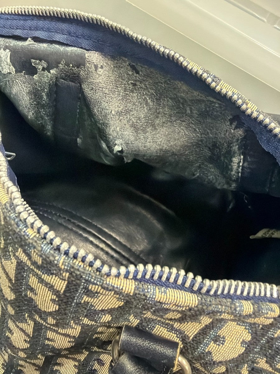 CHRISTIAN DIOR Logo Trotter Pattern Hand Bag Canvas Leather Blue France 88YJ217