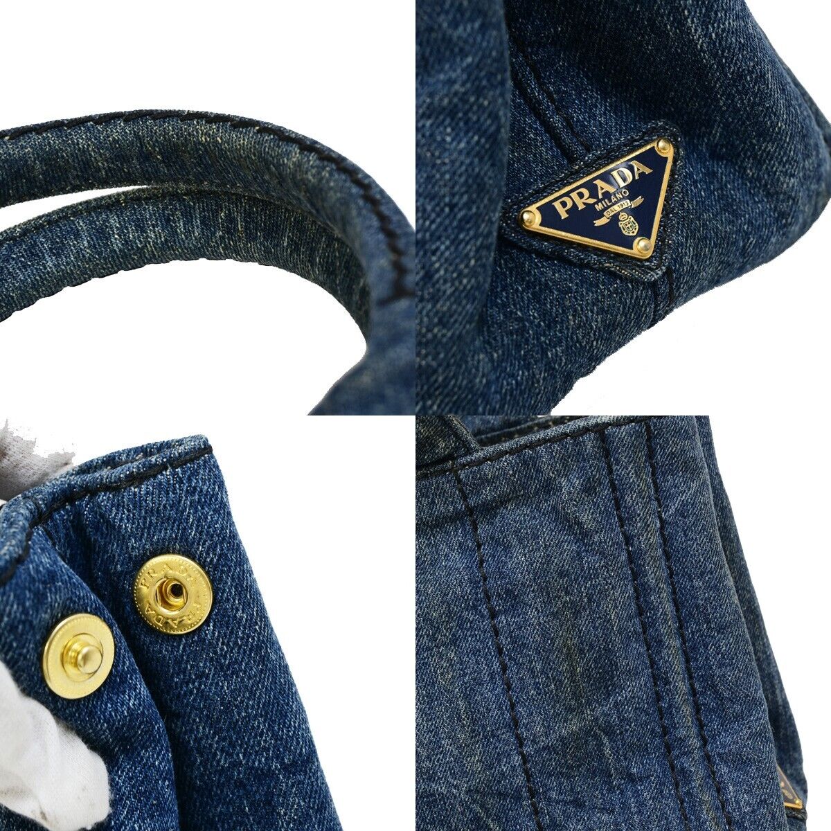 PRADA Logo Canapa Hand Tote Bag Denim Leather Blue GHW 39EB670