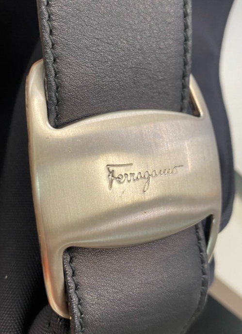 SALVATORE FERRAGAMO Logo Vara Tote Shoulder Bag Nylon Leather Black 67ZA239