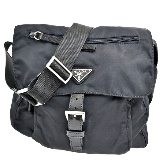 PRADA MILANO Logo Tessuto Prada  Shoulder Bag Nylon Leather Black Italy 35KB622