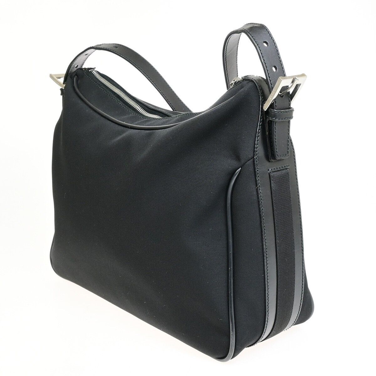 GUCCI Logo Double Pockets Shoulder Bag Nylon Leather Black SHW Italy 31FB352