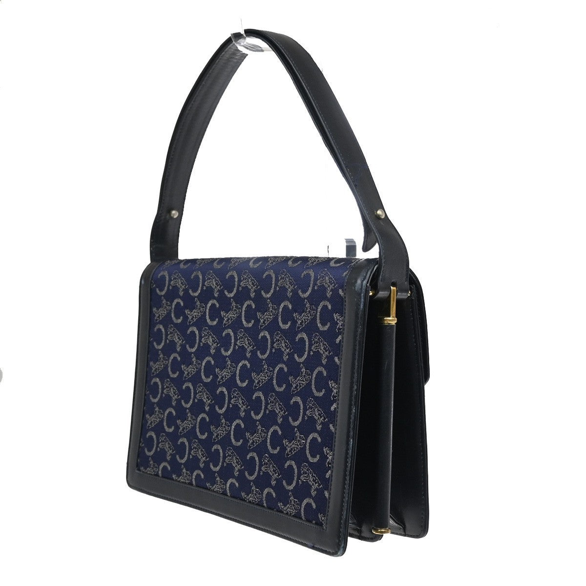 CELINE Logo C Macadam Horse Carriage Shoulder Bag Canvas Leather Navy 31CA386