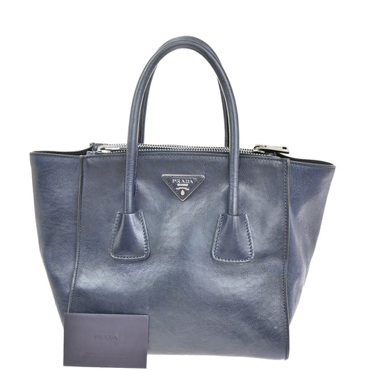 PRADA Milano Logo Hand Bag Leather Navy Blue SHW Italy 35EF199