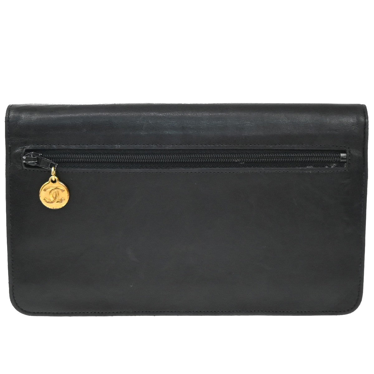 CHANEL CC Logo Long Bifold Wallet Leather Black GHW Vintage 35RF726