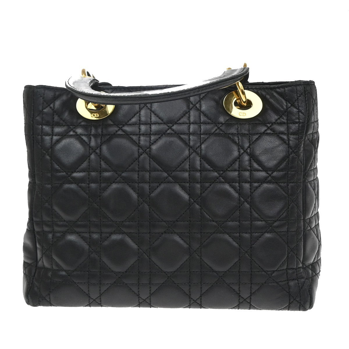 CHRISTIAN DIOR Lady Cannage Hand Tote Bag Leather Black Gold Italy 46RQ062