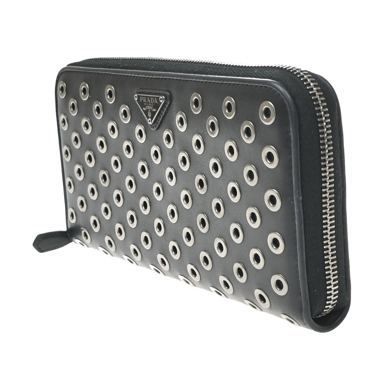 PRADA Bifold Zipper Around Long Grommet Wallet Leather Black Italy 68KD161