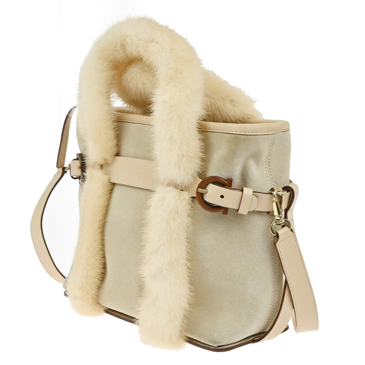 SALVATORE FERRAGAMO Gancini 2Way Shoulder Hand Bag Suede Fur Leather BE 80KP571