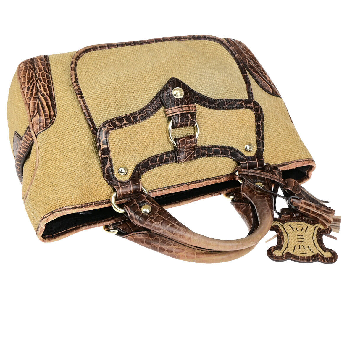 CELINE Logo Boogie Hand Bag Canvas Embossing Leather Charm Brown GHW 60YF122