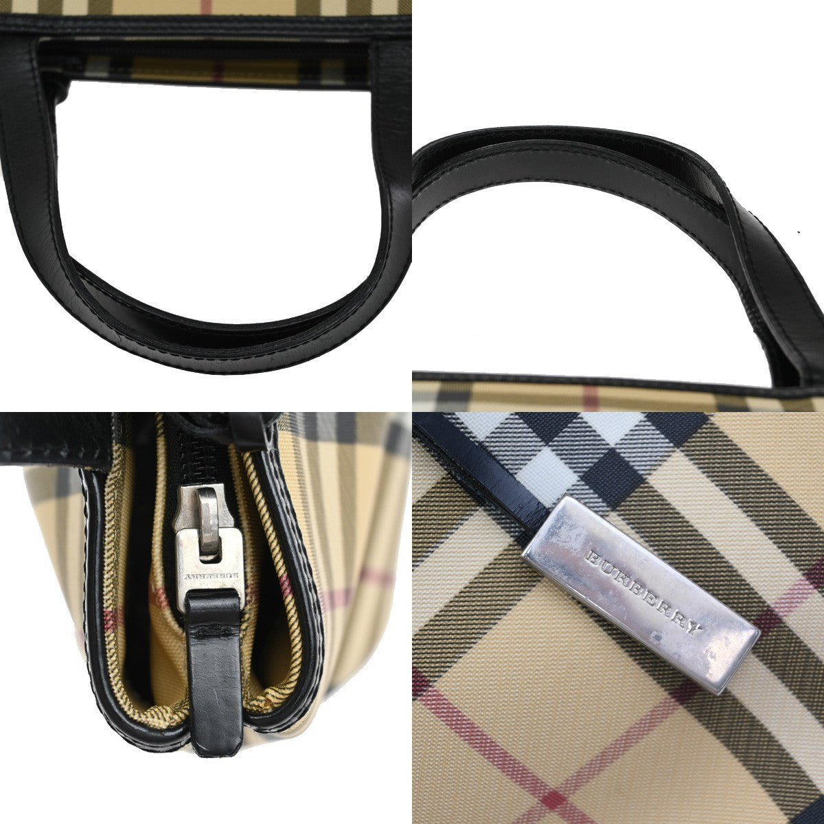 BURBERRY Logo Nova Check Hand Shoulder Bag Leather PVC Black Beige SHW 69KA989