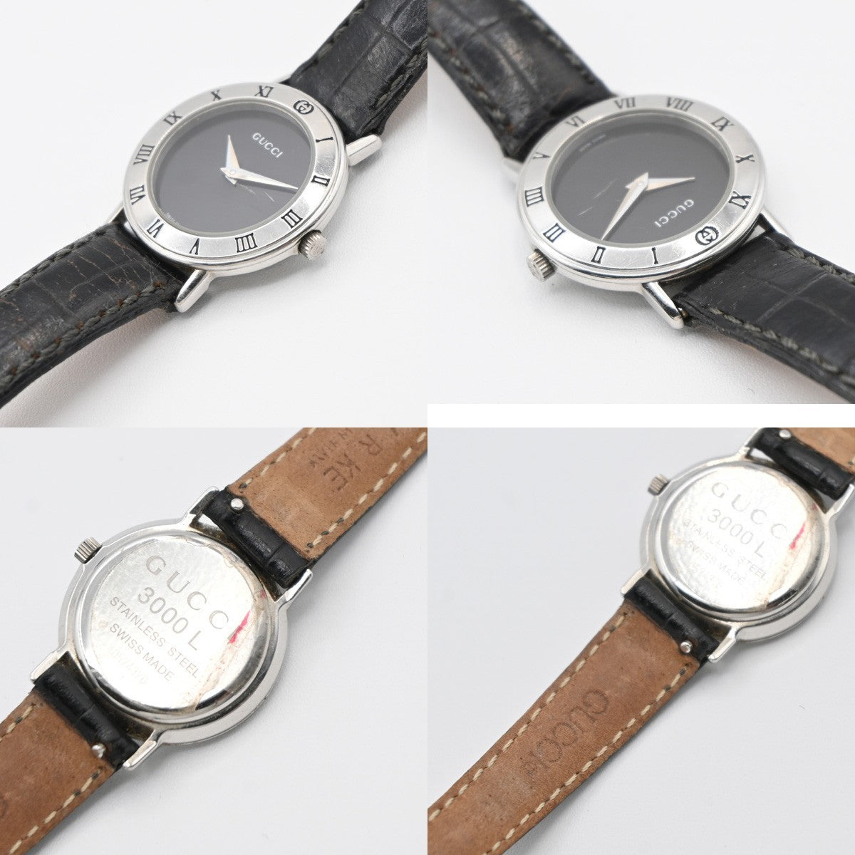 GUCCI 3000L Watch Quartz 25 mm Stainless Steel Embossing Leather Black 05LC590