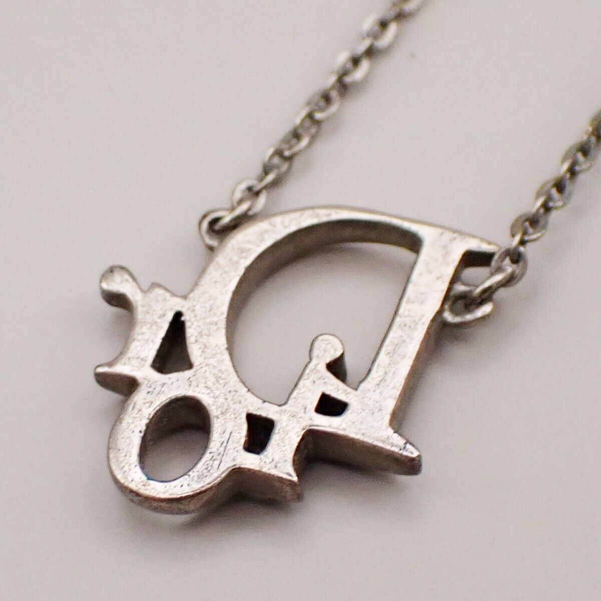 CHRISTIAN DIOR CD Logo Rhinestone Pendant Necklace Charm Silver 05YG841