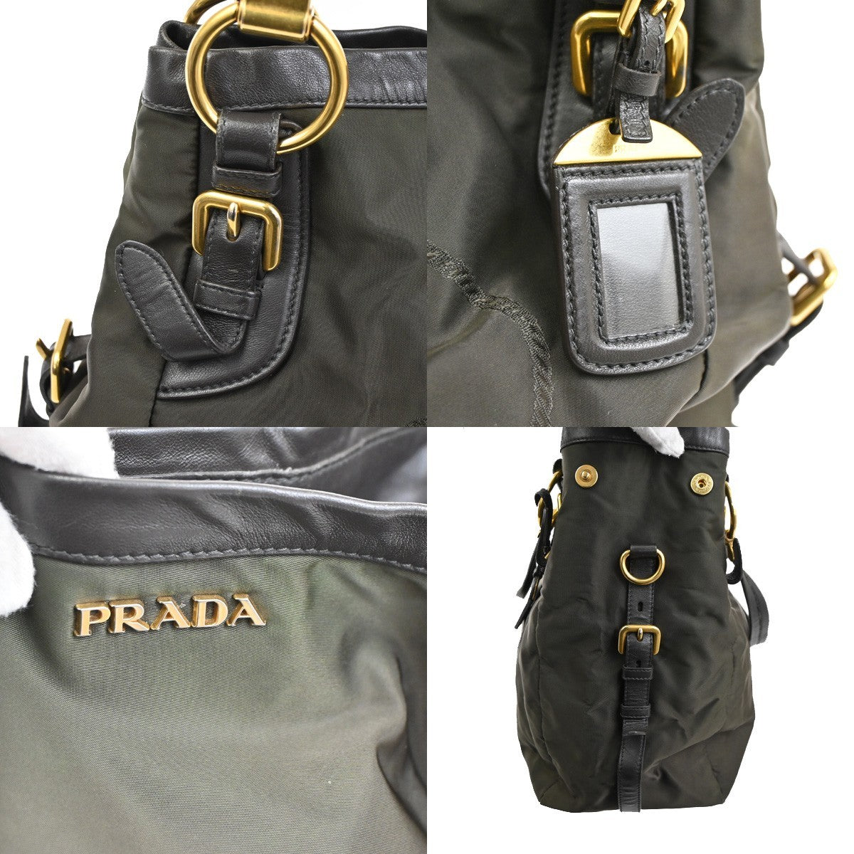 PRADA MILANO Logo Tessuto Prada  Shoulder Bag Nylon Leather Khaki Italy 81KB773