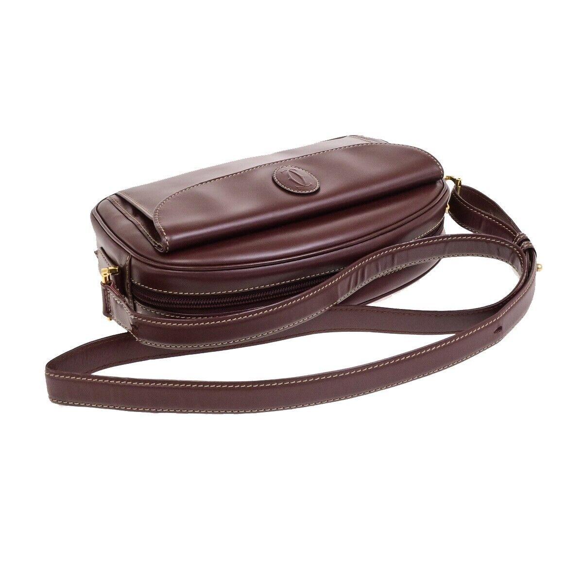 MUST DE CARTIER 2C Logos Shoulder Bag Leather Bordeaux Red Gold France 69FA310