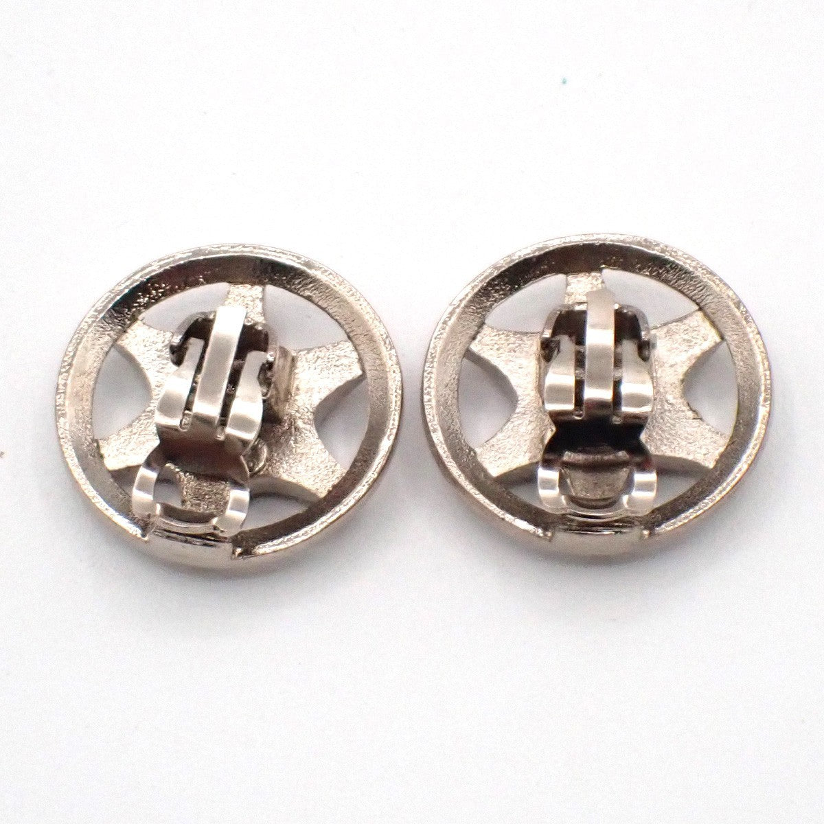 CHANEL Hexagram CC Logo Round Button Earrings 97A Clip-On Silver Vintage 31RL905
