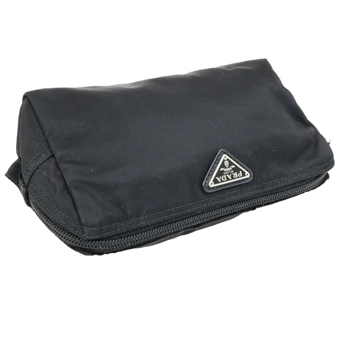PRADA Logo Tessuto Cosmetic Pouch Nylon Leather Black Silver 32KA464