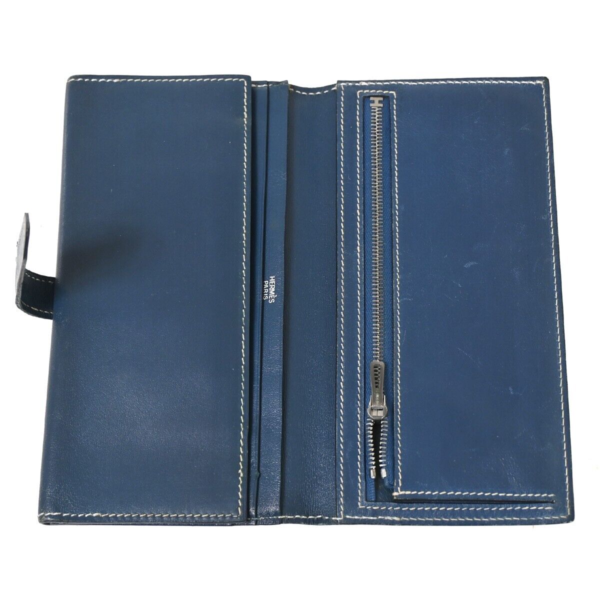 HERMES H Logo Bearn Long Trifold Wallet Purse ▢H Box Calf Leather Blue 82HB258