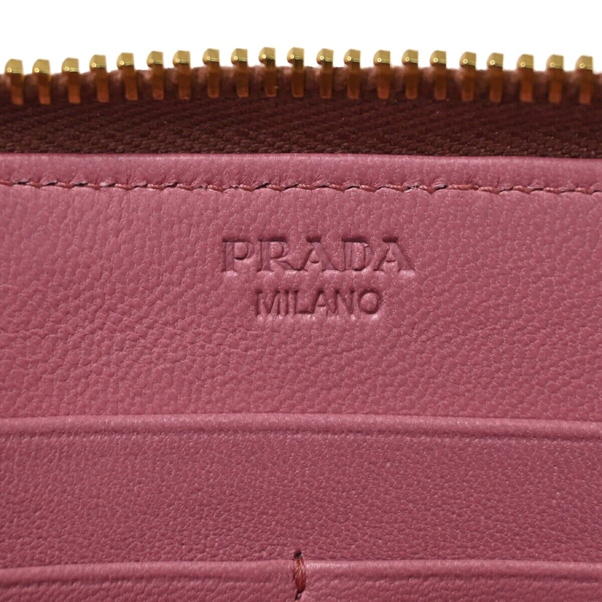 PRADA Logo Long Zip Wallet Nappa Stripes Leather Camelia Pink Gold Italy 82SH690