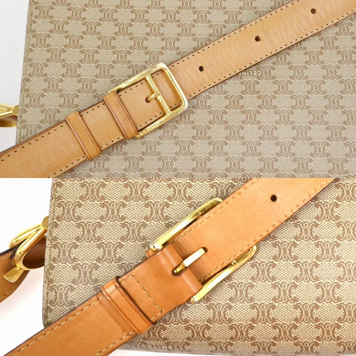 CELINE Logo Horse Carriage Macadam Shoulder Bag PVC Leather Beige GHW 30KC949