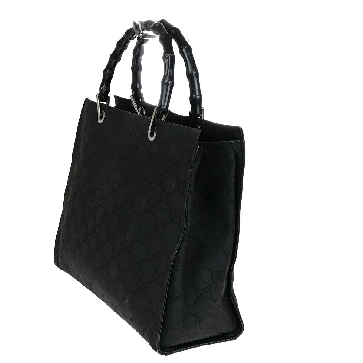 GUCCI Logo Bamboo GG Pattern Hand Bag Nylon Leather Black SHW Italy 04YF648