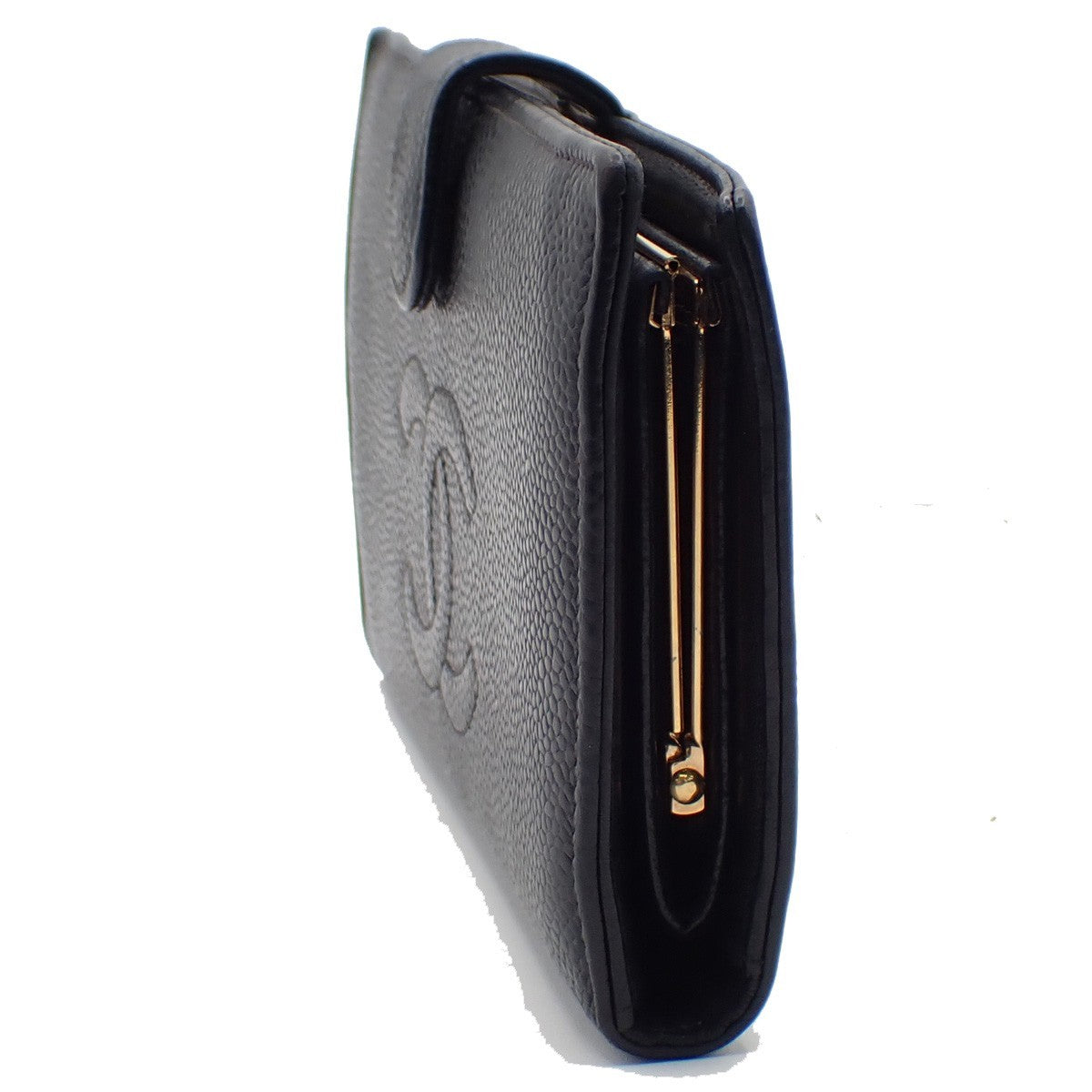 CHANEL CC Logo Long Bifold Wallet Purse Grained Calfskin Leather Black 30KC576
