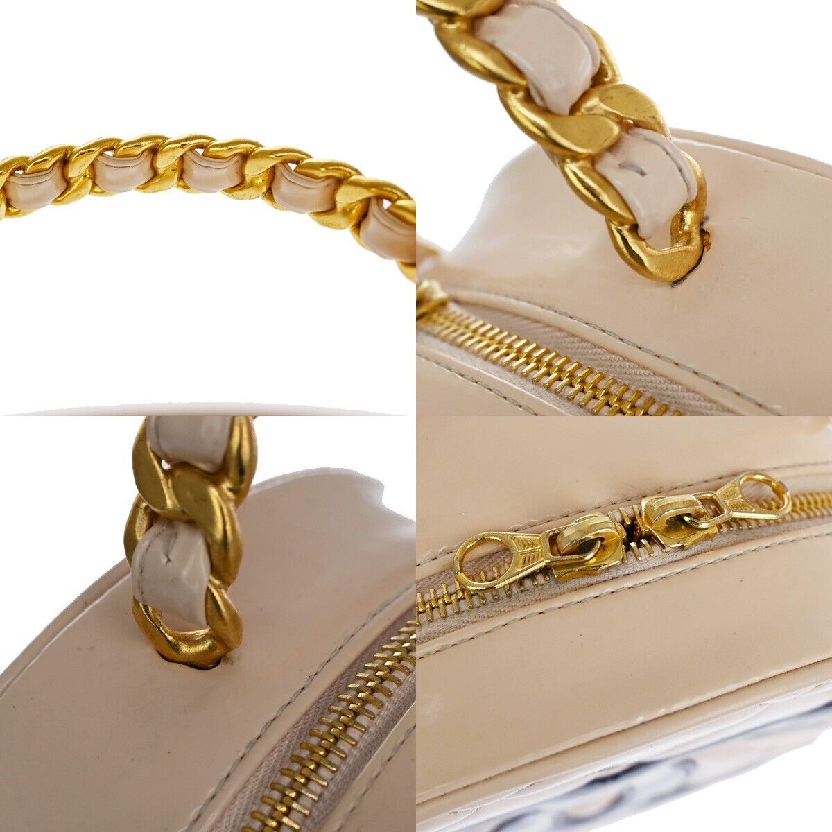 CHANEL CC Matelasse Round Vanity Chain Hand Bag Patent Leather Beige 6600LC414