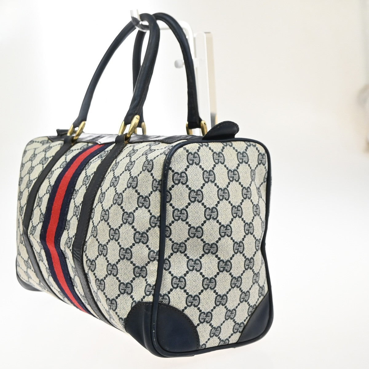 GUCCI Logo GG Pattern Sherry Boston Hand Bag PVC Leather Navy Blue Italy 68MA649