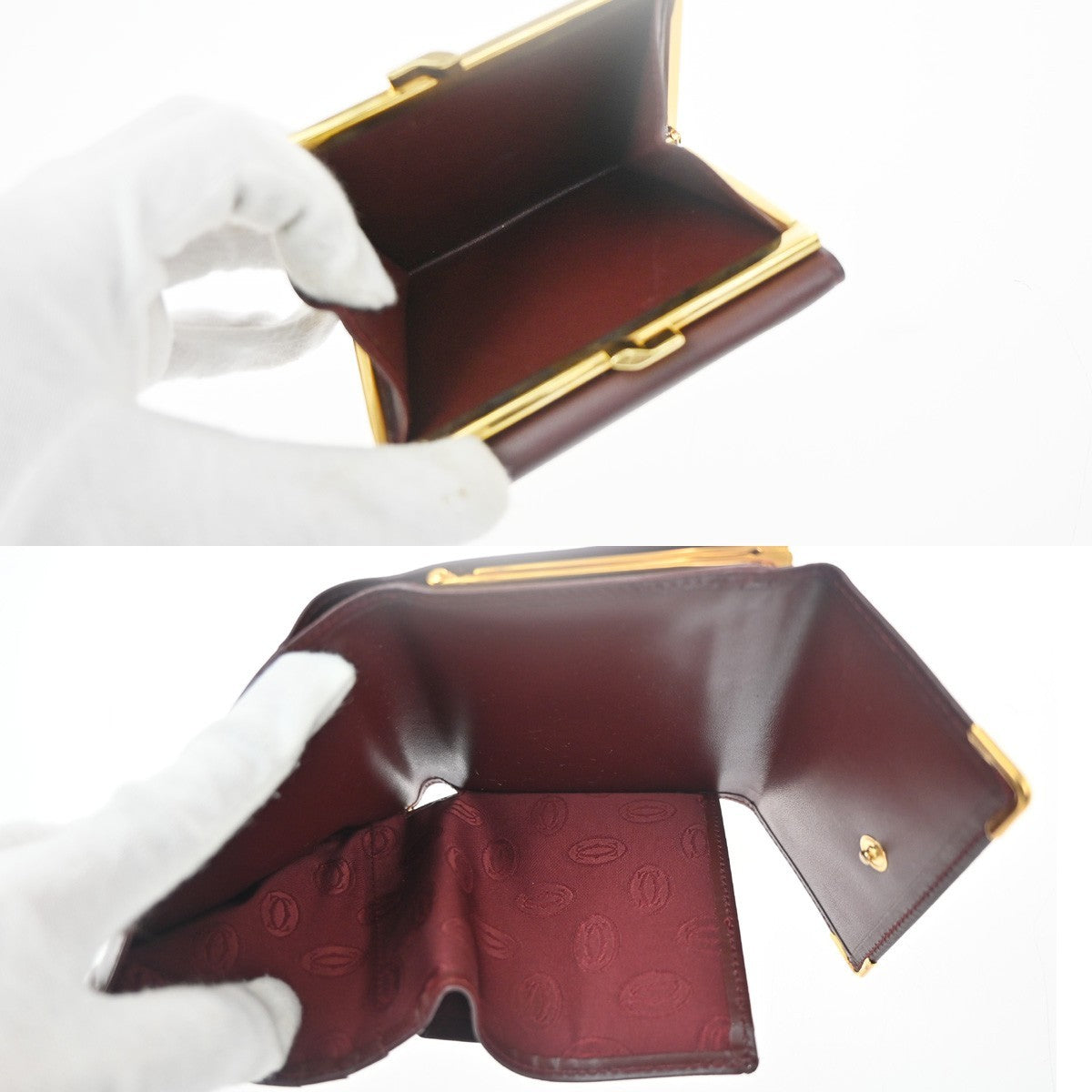 Cartier 2C Logo Trifold Compact Wallet Purse Leather Red Gold Italy 01RL879
