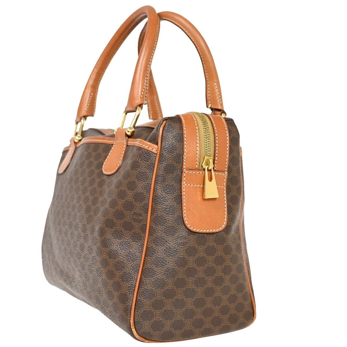 CELINE Logo Macadam Pattern  Hand Bag PVC Leather Brown Gold Italy 30FA326