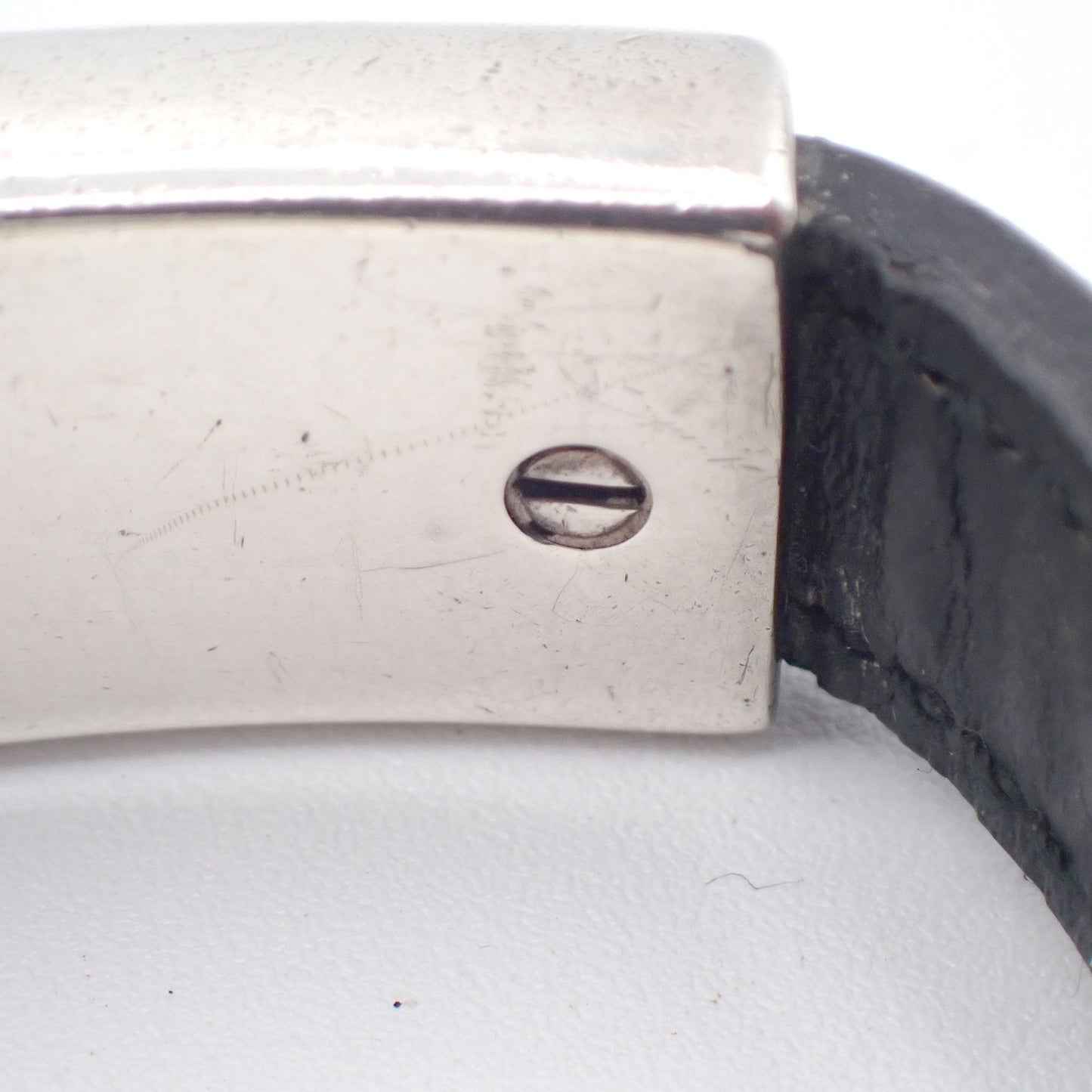 GUCCI Logo Bar Bracelet Bangle Leather Metal Black Silver925 Italy 01CA779