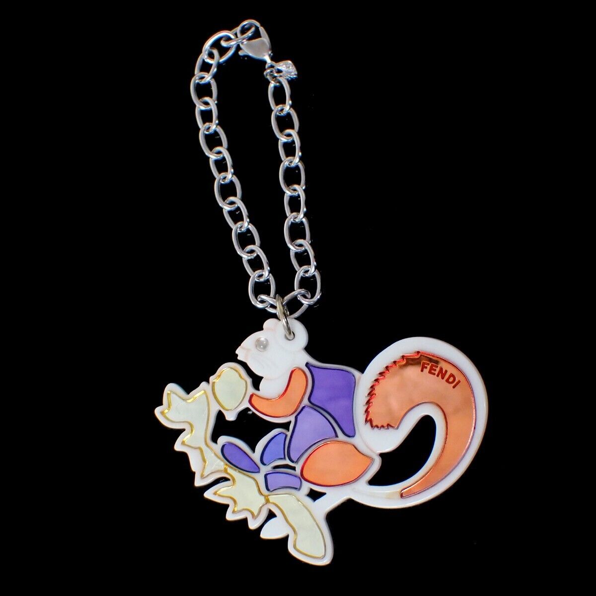 FENDI Logo Bag Charm Key Chain Squirrel Plastic Red Purple Silver Italy 09HB320