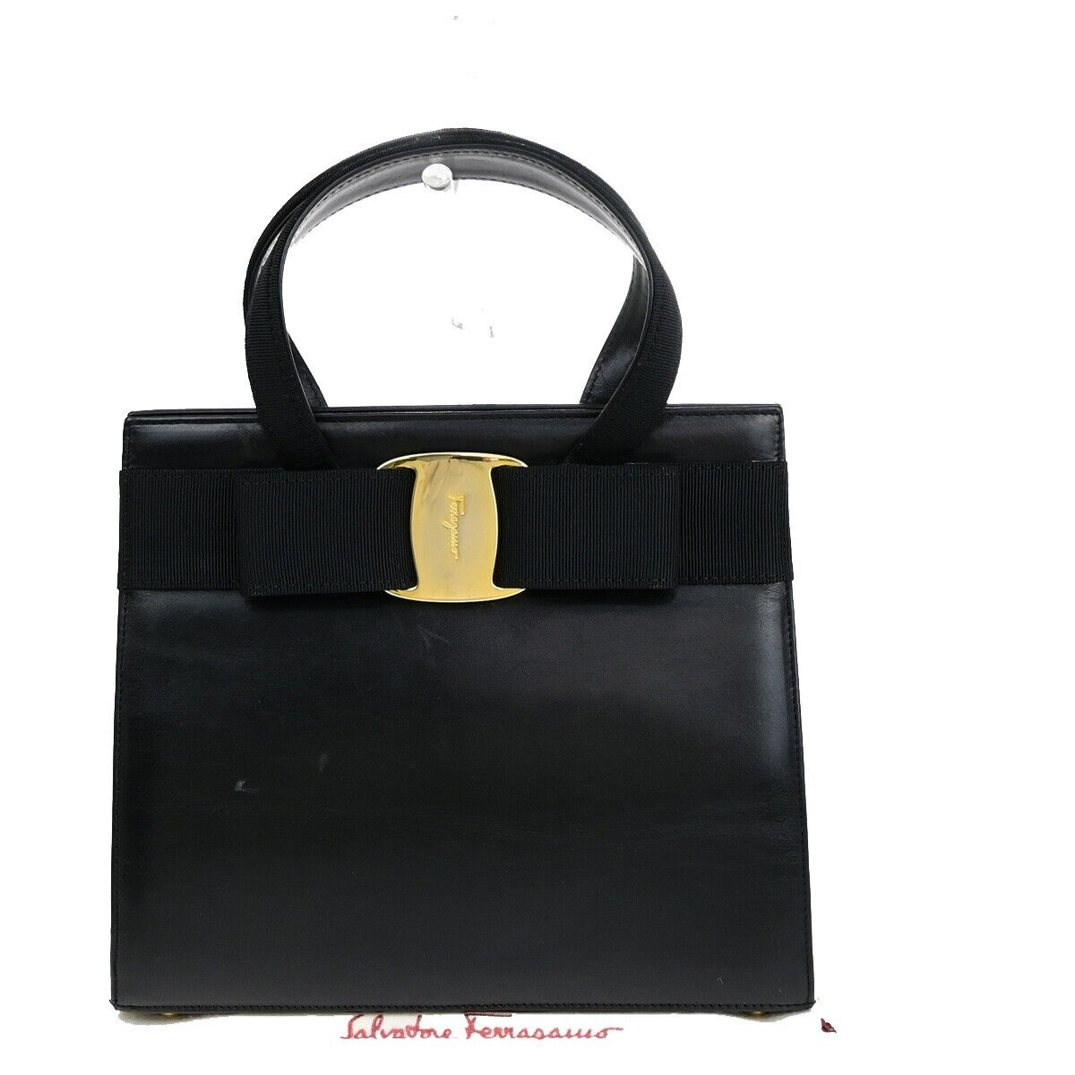 SALVATORE FERRAGAMO Logo Vara Hand Bag Canvas Leather Black Gold Italy 62EC294