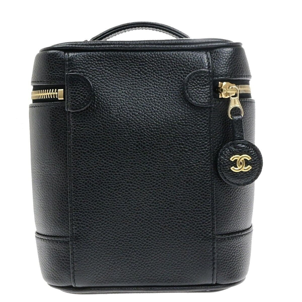 CHANEL CC Vanity Cosmetic Hand Bag Grained Calfskin Leather Black GHW 666RK912