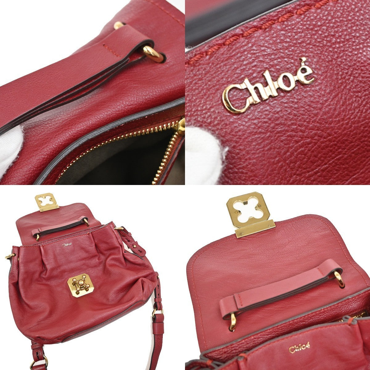 CHLOE Logo Elsie 2Way Shoulder Hand Bag Leather Red GHW 34RL416