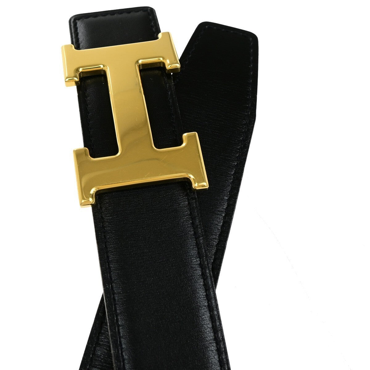 HERMES H Logo Constance Reversible Buckle Belt Leather #68 Black Brown 82RL054