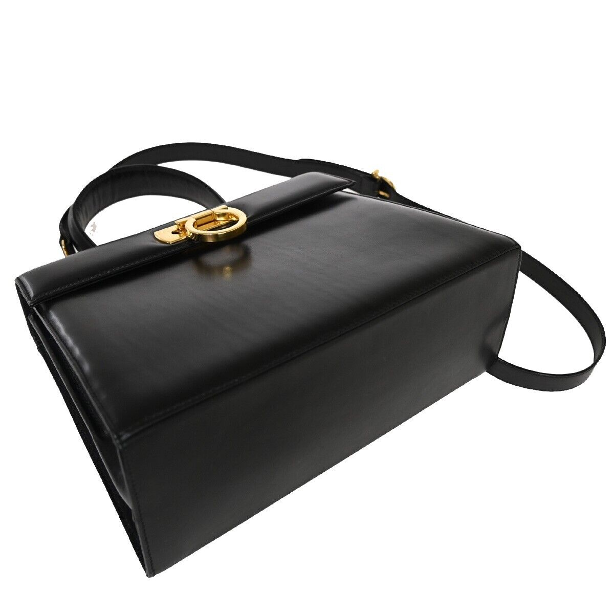 SALVATORE FERRAGAMO 2Way Gancini Shoulder Hand Bag Leather Black Gold 77SH468