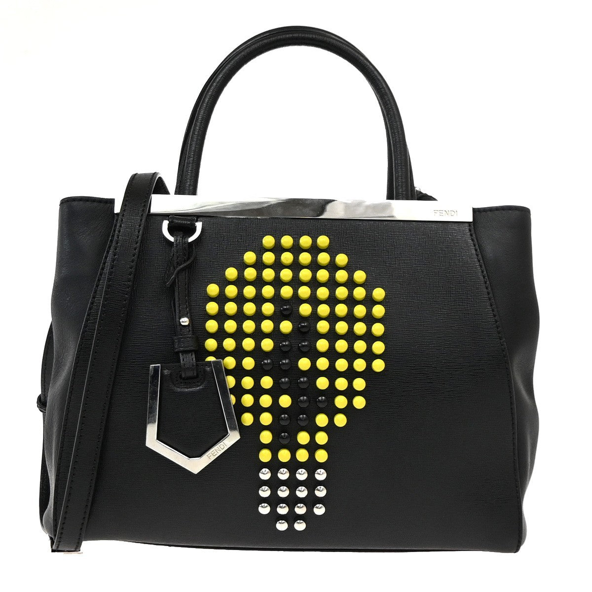 Fendi 2Jours Studded Light Bulb 2Way Shoulder Hand Bag Black Yellow SHW 12PA022