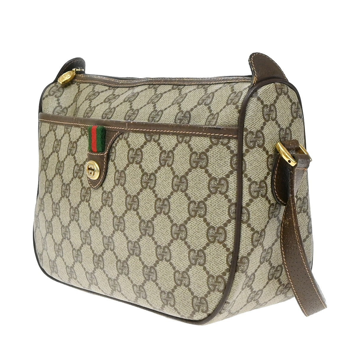 GUCCI Logo Web Sherry GG Pattern Shoulder Bag PVC Leather Brown Italy 65YJ167