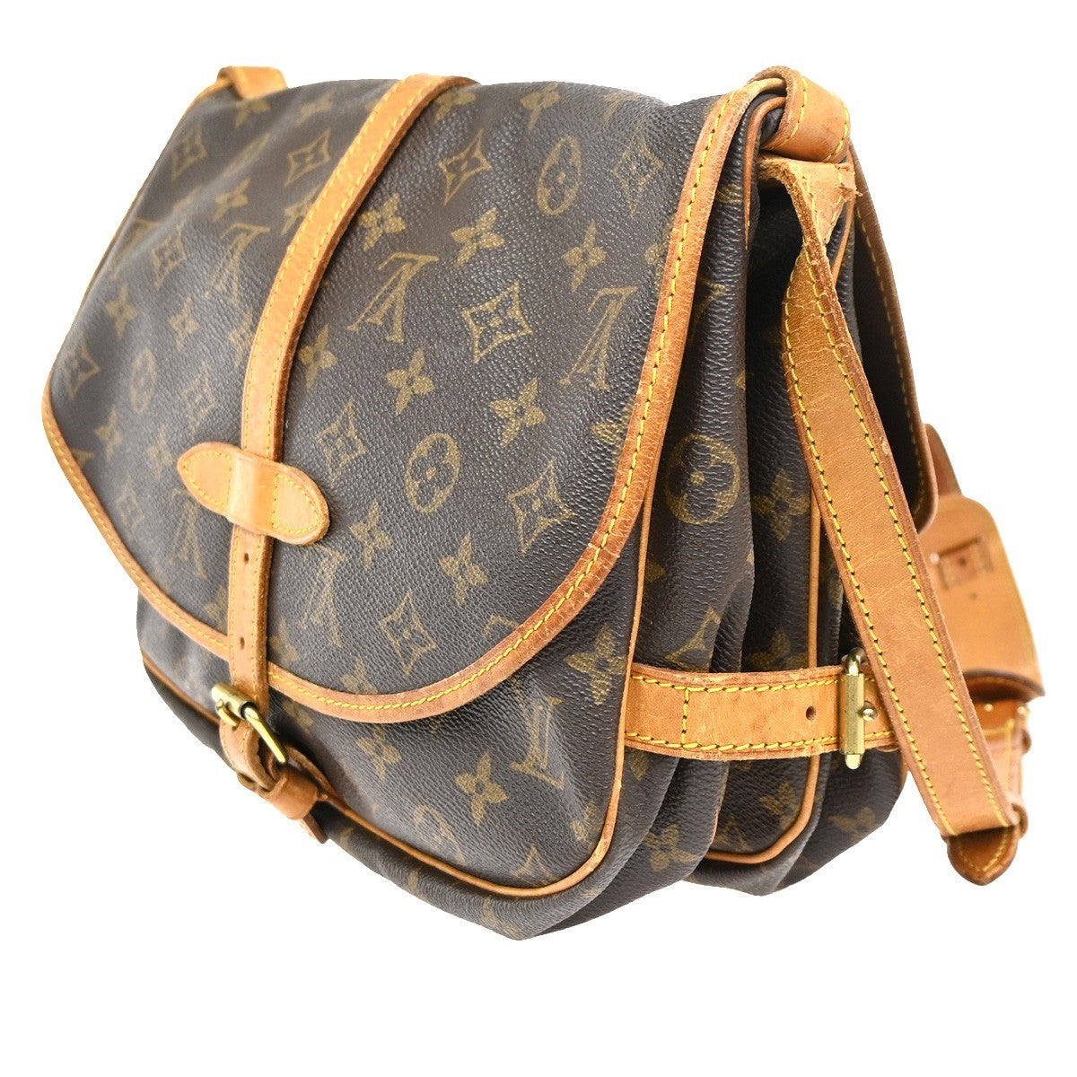 LOUIS VUITTON Logo Saumur 30 Shoulder Bag Monogram Leather Brown M42256 32ZA139