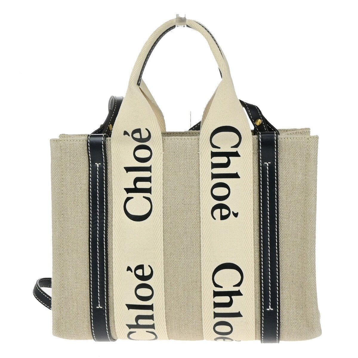 CHLOE Woody Tote Shoulder Hand Bag 2Way Canvas Leather White Navy GHW 90RK538