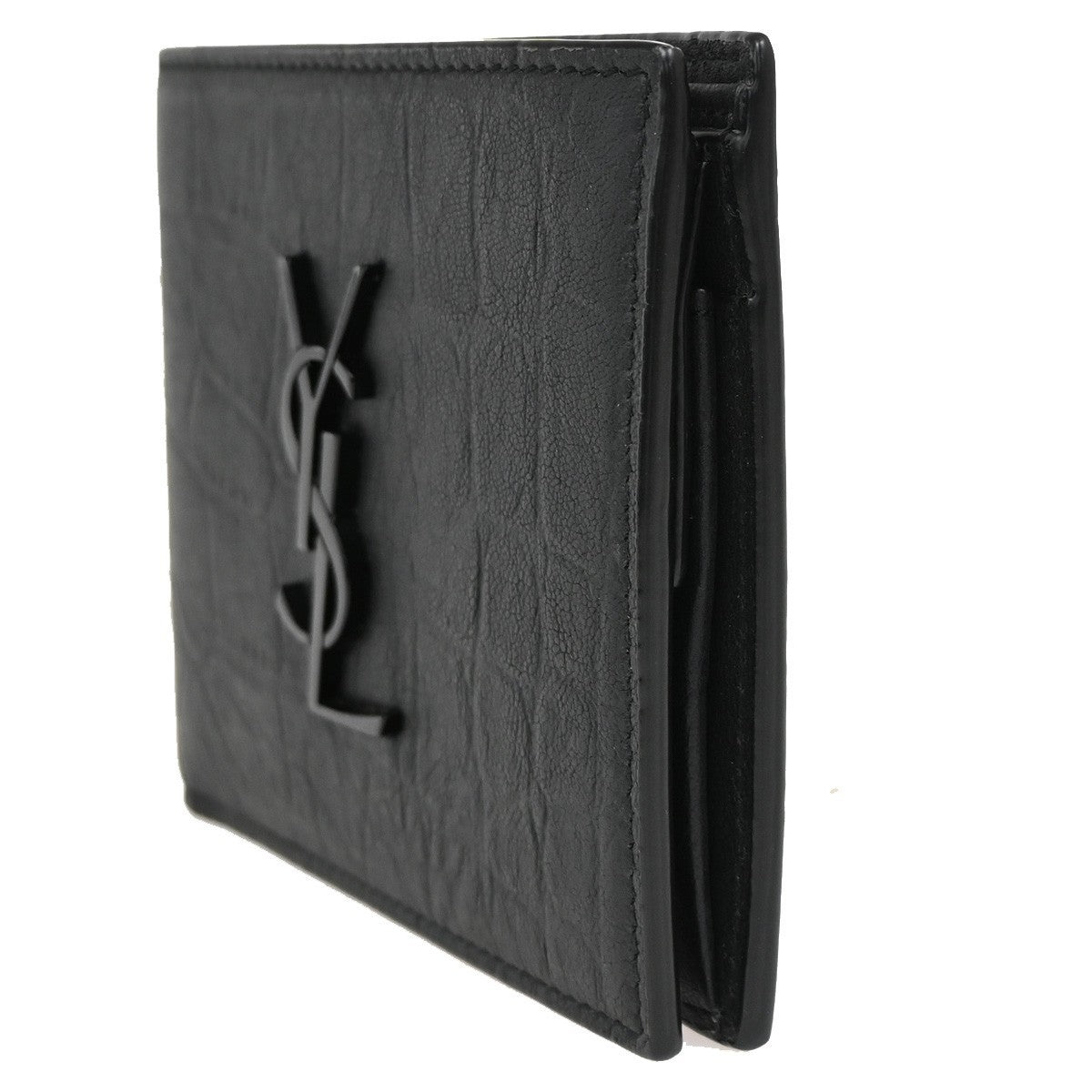 SAINT LAURENT YSL Logo Bifold Compact Wallet Embossing Leather BK Italy 84RL530