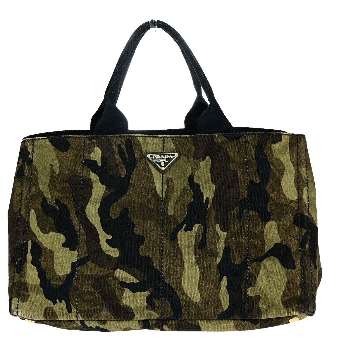 PRADA Logo Camouflage CANAPA Hand Tote Bag Canvas Leather Green GHW 77EC960