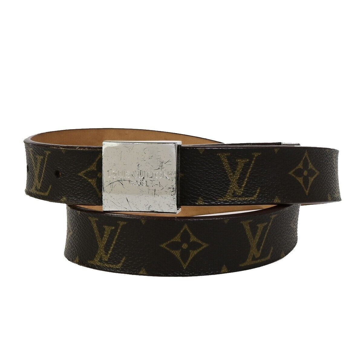 LOUIS VUITTON Ceinture Carre Belt Monogram Leather Brown Silver Spain 63KA460