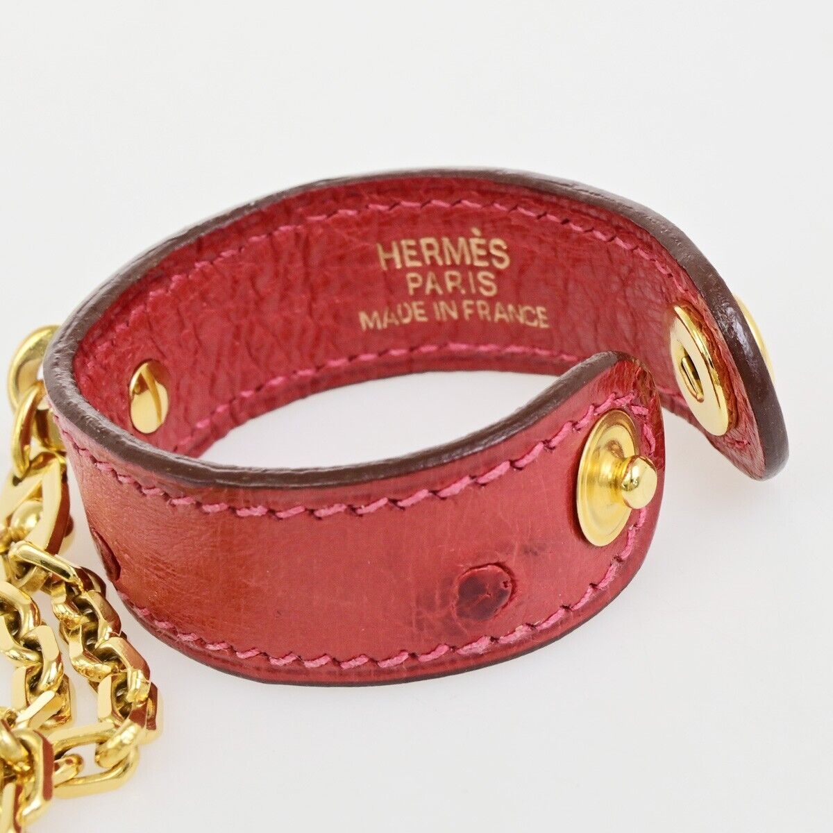 HERMES Logo Chain Glove Holder Exotic Leather Gold-plated Red Accessory 67KA565