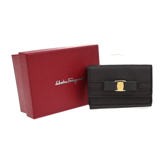 SALVATORE FERRAGAMO Logo Vara Gancini Trifold Wallet Leather Brown Italy 64RL967
