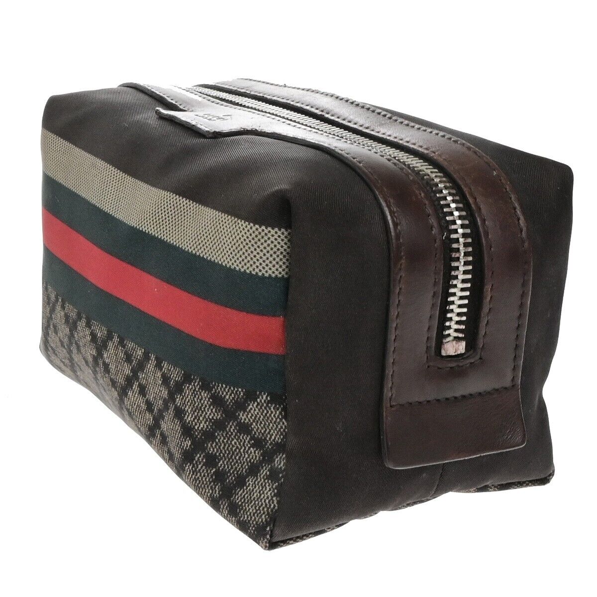 GUCCI Logo Diamante Sherry Pouch Bag Nylon Leather Brown SHW Italy 08ED673