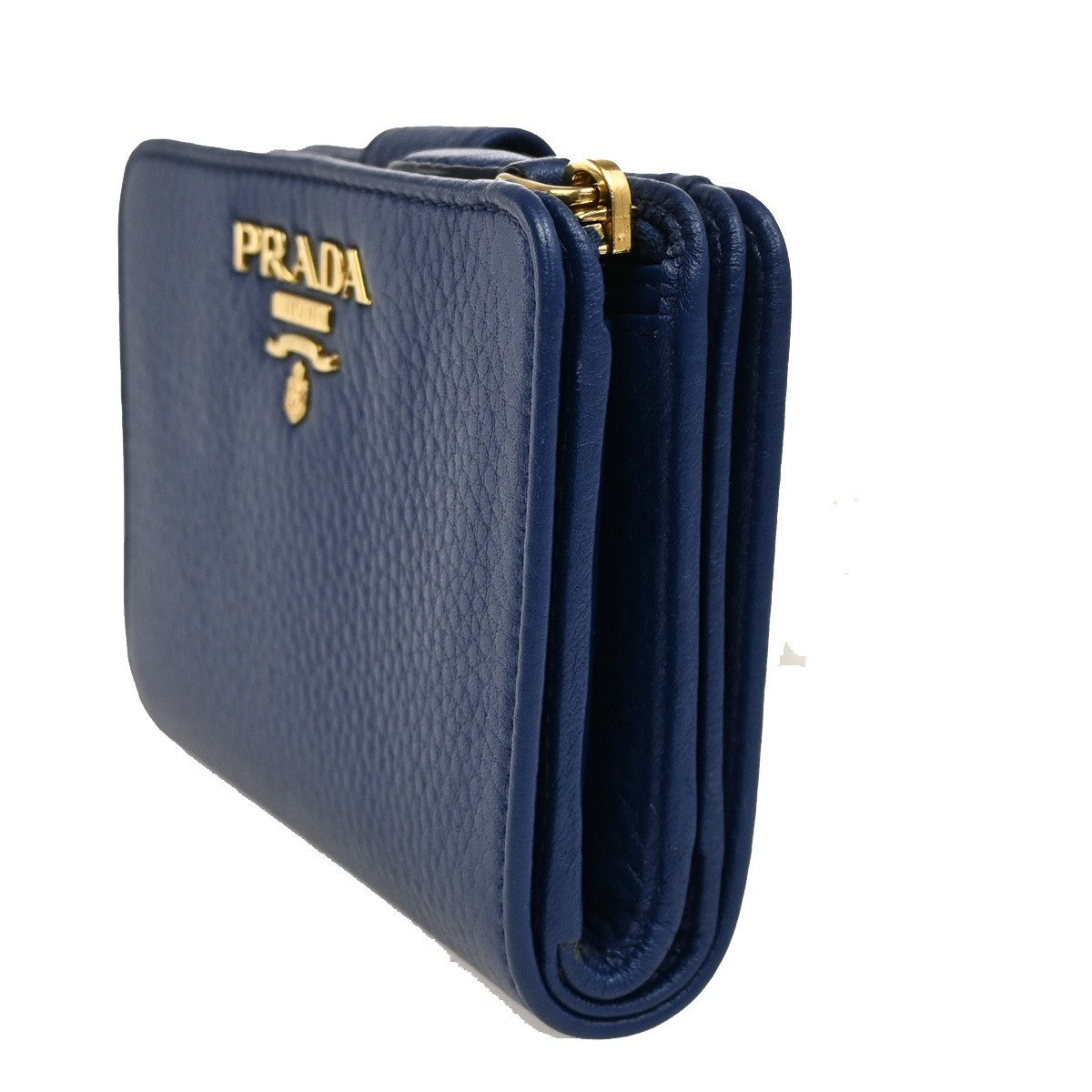 PRADA Logo Bifold Wallet Purse Vitello Leather Blue Bluette GHW Italy 88RL435